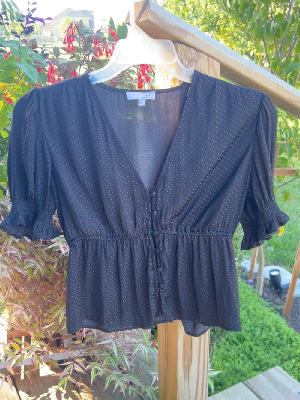Ten Sixty Sherman Black Dot-Print Peplum Button-Front Blouse